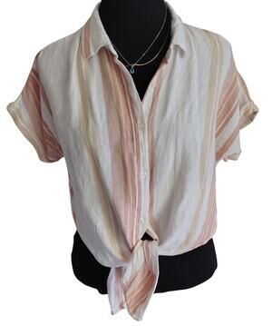 Young Hearts Run Free Striped Linen Blend Blouse Large Coastal Tie Boho Shirt